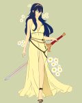  1girl absurdres blue_eyes blue_hair fire_emblem fire_emblem:_kakusei floral_background full_body highres holding holding_sword holding_weapon looking_at_viewer lucina robe sandals solo sword weapon 