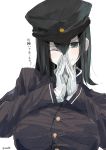 1girl ;) absurdres akitsu_maru_(kantai_collection) bangs black_eyes black_hair black_hat breasts buttons closed_mouth edogawa_nao eyebrows_visible_through_hair gloves hair_between_eyes hands_clasped hat highres kantai_collection large_breasts long_sleeves looking_at_viewer one_eye_closed peaked_cap simple_background smile solo translated twitter_username upper_body white_background white_gloves white_skin 