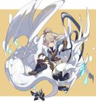  chibi dragon fang fire_emblem fire_emblem_if flying komoreg looking_at_viewer my_unit_(fire_emblem_if) ponytail red_eyes riding simple_background solo takumi_(fire_emblem_if) white_hair 