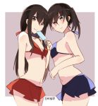  2girls akagi_(kantai_collection) arm_behind_back bangs bikini bikini_skirt blue_bikini blush breasts brown_eyes brown_hair closed_mouth cowboy_shot eyebrows_visible_through_hair food from_side hair_between_eyes hand_up holding holding_food kaga_(kantai_collection) kantai_collection long_hair looking_at_viewer multiple_girls navel ponytail popsicle red_bikini small_breasts smile swimsuit takamachiya thighs 