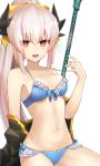  1girl bangs bikini bikini_pull blue_bikini blush breasts collarbone eyebrows_visible_through_hair fate/grand_order fate_(series) frilled_bikini frills hair_between_eyes horns kiyohime_(fate/grand_order) kiyohime_(swimsuit_lancer)_(fate) long_hair looking_at_viewer medium_breasts navel open_mouth p!nta red_eyes sidelocks silver_hair simple_background sitting smile solo swimsuit teeth white_background white_hair 