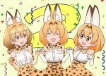  2 3girls :3 :d ^_^ animal_ears anniversary bare_shoulders blonde_hair blush bow bowtie closed_eyes confetti davi_(norsewind) elbow_gloves eyebrows_visible_through_hair fly_(marguerite)_(style) gloves hair_between_eyes hands_together highres kemono_friends multiple_girls multiple_persona open_mouth serval_(kemono_friends) serval_ears serval_print short_hair sleeveless smile standing tatsuki_(irodori)_(style) yellow_eyes yoshizaki_mine_(style) 