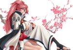  1girl amputee baiken breasts cherry_blossoms choko_(cup) cleavage clouds commentary_request cup eyepatch from_side guilty_gear guilty_gear_xrd highres japanese_clothes kimono large_breasts long_hair long_sleeves looking_at_viewer looking_to_the_side obi one-eyed parted_lips pink_hair ponytail sash scar scar_across_eye sitting smile solo tama_(tamakaka1031) very_long_hair wide_sleeves yellow_eyes 