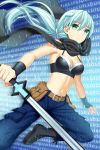  1girl belt binary black_boots blue_hair blue_pants blurry boots bra breasts closed_mouth commentary cropped_legs expressionless eyebrows_visible_through_hair fingerless_gloves gloves green_eyes hair_ornament hairclip holding holding_sword holding_weapon jenevan long_hair looking_at_viewer medium_breasts midriff navel official_art pants ponytail pouch scarf solo sword sword_girls underwear weapon 