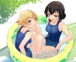  10s 2girls abenattou blonde_hair blue_swimsuit breasts brown_eyes brown_hair caesar_(girls_und_panzer) day erwin_(girls_und_panzer) full_body girls_und_panzer looking_at_viewer looking_back medium_breasts multiple_girls one-piece_swimsuit open_mouth outdoors parted_lips pointy_hair pool school_swimsuit short_hair sitting swimsuit wading wading_pool wet wet_clothes wet_swimsuit 