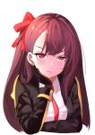  1girl black_gloves chin_rest closed_mouth eto_(nistavilo2) eyebrows_visible_through_hair frown girls_frontline gloves hair_ribbon highres long_hair long_sleeves looking_at_viewer necktie purple_hair red_eyes red_necktie red_ribbon ribbon simple_background solo upper_body wa2000_(girls_frontline) white_background 