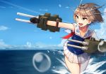  &gt;:d 1girl :d blue_eyes brown_hair kantai_collection maya_(kantai_collection) open_mouth plan_(planhaplalan) pleated_skirt sailor_collar short_hair skirt sleeveless smile solo white_sailor_collar white_skirt 