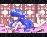  1girl bag breasts camisole cleavage collarbone comb double_bun fan folding_fan hair_bobbles hair_ornament hand_mirror lipstick lipstick_tube long_hair lying makeup mirror on_stomach pout purple_hair ranma_1/2 shampoo_(ranma_1/2) shoulder_strap solo violet_eyes wantan-orz 