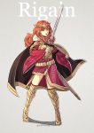  1girl cape celica_(fire_emblem) crown english fire_emblem fire_emblem_echoes:_mou_hitori_no_eiyuuou fire_emblem_gaiden full_body grey_background gzei holding long_hair red_eyes redhead simple_background solo sword weapon 