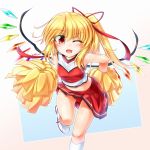  1girl alternate_costume bare_arms bare_legs blonde_hair cheerleader fang flandre_scarlet gluteal_fold gradient gradient_background hair_ribbon highres kneehighs leaning_forward long_hair looking_at_viewer m9kndi miniskirt one_eye_closed panties pleated_skirt pom_poms red_eyes red_panties red_ribbon red_skirt ribbon shoes skirt skirt_set smile solo touhou underwear white_legwear white_shoes wings 