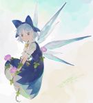  1girl blue_dress blue_eyes blue_hair cirno dated dress flower hair_ribbon highres ice ice_wings ipomoea looking_at_viewer morning_glory ribbon shihou_(g-o-s) short_hair signature smile solo sunflower tanned_cirno touhou wings 