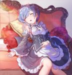  1girl absurdres blue_hair blush breasts closed_eyes couch detached_sleeves eyebrows eyebrows_visible_through_hair flower frilled_pillow frilled_sleeves frills hair_ornament hair_ribbon hand_on_own_stomach headdress highres indoors maid maid_headdress medium_breasts on_couch open_mouth pillow purple_ribbon re:zero_kara_hajimeru_isekai_seikatsu rem_(re:zero) ribbon short_hair sitting sleeping solo teffish x_hair_ornament 