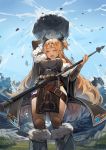  1girl arm_up bangs bangs_pinned_back beltskirt blonde_hair blush breasts closed_eyes detached_sleeves eyebrows_visible_through_hair giantess hand_up highres holding holding_weapon huanxiang_heitu large_breasts long_hair open_mouth pelvic_curtain polearm rock sidelocks solo spear standing topknot two_side_up weapon 