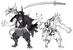  1boy armor bare_chest enemy_ootachi full_body greyscale highres historical_revisionist horns japanese_armor long_hair male_focus menpoo miwa_shirou monochrome multiple_views ootachi outstretched_arms reference_sheet simple_background skeleton touken_ranbu turnaround white_background 