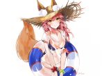  1girl bikini blue_bikini blush breasts cleavage fate/grand_order fate_(series) food fox_tail hat innertube long_hair looking_at_viewer pink_hair see-through simple_background smile solo straw_hat swimsuit tail tamamo_(fate)_(all) tamamo_no_mae_(swimsuit_lancer)_(fate) white_background yellow_eyes yumaomi 