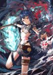  1girl animal_ears bangs blue_hair bracelet closed_mouth earrings fire fur_trim highres holding holding_weapon huanxiang_heitu jewelry long_hair looking_at_viewer midriff nail_polish navel red_nails solo thigh_strap violet_eyes weapon white_bikini_top 
