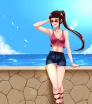  1girl armpits brown_hair day highres jewelry lens_flare midriff miyamoto_ruri nisekoi ocean open_mouth outdoors ponytail ring scrunchie short_shorts shorts sky smile solo sunglasses twrlare wedding_ring 