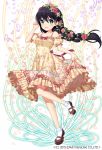  1girl :d bare_shoulders black_hair blush dress dress_lift floral_print flower gothic_wa_mahou_otome green_eyes hair_flower hair_ornament hand_in_hair jenevan long_hair looking_at_viewer open_mouth pinky_out puffy_sleeves shoes short_sleeves smile solo standing standing_on_one_leg watermark 