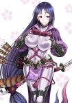  1girl armor black_gloves blush bodysuit breast_lift breasts covered_navel cowboy_shot deep_skin fate/grand_order fate_(series) fingerless_gloves gloves japanese_armor katana large_breasts long_hair looking_at_viewer low-tied_long_hair minamoto_no_raikou_(fate/grand_order) purple_bodysuit purple_hair smile solo sword very_long_hair violet_eyes weapon youshuu 