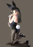  1girl animal_ears ass backless_outfit bare_shoulders black_hair black_legwear black_shoes blush bunny_tail bunnysuit eyebrows_visible_through_hair from_side full_body green_eyes grey_background hairband hand_up high_heels holding holding_tray katahira_masashi kneeling leg_up long_hair looking_at_viewer looking_back original pantyhose parted_lips rabbit_ears shoes simple_background smile solo tail thighs tray wrist_cuffs 