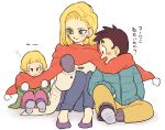  1boy 2girls android_18 black_eyes black_hair blonde_hair blue_eyes dragon_ball dragonball_z earrings family father_and_daughter gloves happy jewelry kuririn looking_at_another marron mother_and_daughter multiple_girls open_mouth scarf shared_scarf short_hair simple_background smile tkgsize translation_request white_background winter_clothes 