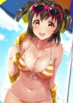  10s :d akagi_miria beach_umbrella bikini blue_sky breasts brown_eyes brown_hair cleavage clouds cloudy_sky day dutch_angle front-tie_bikini front-tie_top halterneck heart-shaped_sunglasses idolmaster idolmaster_cinderella_girls large_breasts looking_at_viewer navel off_shoulder older open_mouth outdoors sg_(esujii) sky smile string_bikini striped striped_bikini sunglasses sunglasses_on_head swimsuit two_side_up umbrella 