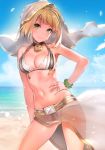  10s 1girl ahoge bangs bare_shoulders beach belt bikini blonde_hair blue_sky breasts bridal_veil cleavage collarbone commentary_request fate/extra fate_(series) feathers green_eyes hair_intakes hand_on_hip highres hips lock looking_at_viewer medium_breasts navel ocean outdoors saber_bride saber_extra sarong sky smile solo swimsuit thighs veil waist white_bikini wind wind_lift yuran zipper zipper_pull_tab 