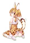  1girl animal_ears blonde_hair boots commentary_request elbow_gloves gloves high-waist_skirt kemono_friends looking_at_viewer looking_back motion_lines panties pantyshot serval_(kemono_friends) serval_ears serval_print serval_tail shadow shirt short_hair simple_background sitting skirt sleeveless sleeveless_shirt solo striped_tail tail underwear wariza white_background white_boots white_panties yanagi_yuu yellow_eyes 
