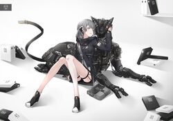  1girl bangs bare_legs black_shoes closed_mouth dog grey_eyes grey_hair jacket long_hair long_legs long_sleeves looking_at_another machine neco original science_fiction shoes sitting smile solo thigh_strap 