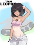  10s 1girl armpits bangs bead_bracelet beads bracelet brown_hair casual closed_mouth cowboy_shot dark_skin english girls_und_panzer green_eyes hand_in_hair hand_in_pocket hoshino_(girls_und_panzer) jewelry leopon_(animal) light_smile looking_at_viewer navel necklace open_fly panties pants purple_shirt shirt short_hair solo strapless tan tanline tubetop underwear wata_do_chinkuru white_panties white_pants 