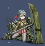  blue_background breasts cannon character_name highres imperial_japanese_army mecha_musume military mori_kadoru o-i_superheavy_tank_series personification seiza shield signature simple_background sitting small_breasts solo uniform weapon world_of_tanks 