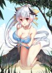  1girl absurdres blush breasts cleavage collarbone eyebrows_visible_through_hair fate_(series) highres jayce_(shinmai) kiyohime_(fate/grand_order) kiyohime_(swimsuit_lancer)_(fate) kneeling large_breasts long_hair looking_at_viewer parted_lips ponytail red_eyes silver_hair solo swimsuit wet 