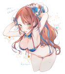  10s 1girl arched_back ass beatrix_(granblue_fantasy) blush bow breasts brown_eyes brown_hair butt_crack cleavage downpants granblue_fantasy hair_bow komyu_(masheri) large_breasts long_hair looking_at_viewer navel open_mouth ponytail solo swimsuit 