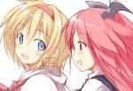  2girls :d alice_margatroid ascot bangs blonde_hair blue_eyes blush eye_contact eyebrows_visible_through_hair hair_between_eyes hairband head_wings koakuma long_hair looking_at_another multiple_girls nirap open_mouth pink_hair portrait profile red_eyes red_hairband simple_background smile solo touhou white_background 