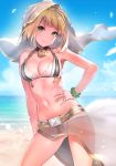  10s 1girl ahoge bangs bare_shoulders beach belt bikini blonde_hair blue_sky breasts bridal_veil cleavage closed_mouth clouds collarbone commentary_request contrapposto day fate/extra fate_(series) feathers glint green_eyes hair_intakes hand_on_hip head_tilt highres hips lock looking_at_viewer medium_breasts navel ocean outdoors saber_bride saber_extra sarong sky smile solo standing stomach swimsuit thighs veil waist white_bikini wind wind_lift yuran zipper zipper_pull_tab 