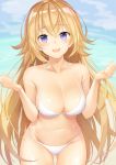  1girl absurdres anza_tomo bangs bare_shoulders bikini blonde_hair blue_eyes blue_sky blush breasts cleavage collarbone day fate/apocrypha fate_(series) forearms_at_chest hands_up highres hips large_breasts long_hair looking_at_viewer navel open_mouth outdoors revision ruler_(fate/apocrypha) shiny shiny_skin sky smile solo swimsuit thigh_gap thighs very_long_hair waist white_bikini wrists_extended 