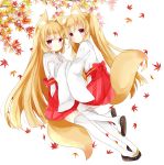  1girl animal_ears autumn_leaves bangs blonde_hair blunt_bangs blush bow branch cherry_blossoms commentary_request eyebrows_visible_through_hair falling_leaves fox_ears fox_girl fox_tail hakama hands_in_sleeves highres japanese_clothes leaf long_hair long_sleeves looking_at_viewer looking_to_the_side maple_leaf miko original red_bow red_eyes red_hakama sandals tail thigh-highs tsukiyo_(skymint) twintails very_long_hair white_legwear wide_sleeves 