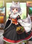  animal_ears bare_shoulders breasts detached_sleeves flower geta hat inubashiri_momiji japanese_clothes kei_kei large_breasts looking_at_viewer open_mouth pom_pom_(clothes) red_eyes ribbon_trim short_hair silver_hair tail tokin_hat touhou wide_sleeves wolf_ears wolf_tail 