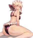  arm_support artoria_pendragon_(all) ass bangs bikini black_bikini blonde_hair blush breasts commentary fate_(series) feet_out_of_frame frilled_bikini frills highres large_breasts legs looking_at_viewer looking_back maid_headdress ribbon saber saber_alter shadow short_hair_with_long_locks simple_background sitting sookmo sweatdrop swimsuit wariza white_background yellow_eyes 