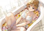  1girl bare_legs bath bathtub bikini blonde_hair blush breasts cleavage collarbone covering covering_crotch flower large_breasts looking_at_viewer original partially_submerged ran&#039;ou_(tamago_no_kimi) short_hair smile solo swimsuit v_arms water yellow_eyes 