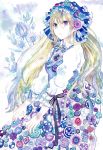  1girl badge blue_eyes blue_hat buttons dress en4xx flower hat heart highres light_brown_hair long_hair looking_to_the_side pale_skin solo traditional_media watercolor_(medium) 
