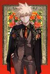  1boy absurdres alternate_costume bakugou_katsuki bangs belt black_jacket black_shirt blonde_hair boku_no_hero_academia closed_mouth floral_print flower formal grey_jacket grey_pants hair_between_eyes hand_in_pocket highres jacket jacket_on_shoulders long_sleeves looking_at_viewer male_focus necktie pants red_eyes red_necktie shirt solo spiky_hair suit unou_(unou_mha) 