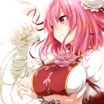  1girl bandage bandaged_arm breast_hold breasts bun_cover chains closed_mouth commentary_request cuffs double_bun flower frown hair_between_eyes hair_ribbon highres ibaraki_kasen large_breasts pink_hair pink_rose red_eyes red_ribbon ribbon rose simple_background solo tabard touhou upper_body watarui white_background 