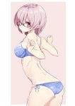  1girl absurdres ass bare_arms bare_shoulders blue_bra blue_panties blush bra contrapposto cowboy_shot fate/grand_order fate_(series) floral_print from_side glasses hair_over_one_eye highres kengorou_saemon_ii_sei leaning_forward looking_at_viewer looking_back midriff navel outside_border panties pink_hair red-framed_eyewear shielder_(fate/grand_order) short_hair side-tie_panties simple_background strap_gap thighs transparent_background underwear underwear_only violet_eyes 