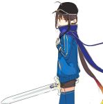  1boy ahoge artoria_pendragon_(all) baseball_cap blue_jacket cosplay fate/grand_order fate_(series) gloves hair_between_eyes hat jacket looking_at_viewer male_focus mysterious_heroine_x mysterious_heroine_x_(cosplay) oda_nobukatsu_(fate/grand_order) pako shorts solo thigh-highs track_jacket 