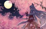  1girl cherry_blossoms from_below fujiwara_no_mokou full_moon hair_ribbon hat long_hair looking_up meitei moon night night_sky ofuda petals ribbon sky solo suspenders touhou tree very_long_hair white_hair 