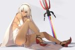  1girl altera_(fate) ass bare_shoulders black_nails breasts detached_sleeves fate/grand_order fate_(series) high_heels i-pan nail_polish red_eyes sandals short_hair sideboob sitting solo sword tattoo veil weapon white_hair 