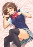  10s 1girl ass black_legwear bow bowtie brown_hair fang glasses green_eyes hida_tatsuo idolmaster idolmaster_cinderella_girls maekawa_miku panties paw_pose red-framed_eyewear school_uniform short_hair solo thigh-highs underwear 