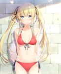  1girl 6u_(eternal_land) arms_behind_back bikini blonde_hair blue_eyes blush breasts closed_mouth collarbone cowboy_shot front-tie_bikini front-tie_top halterneck hat long_hair looking_at_viewer multi-strapped_bikini navel red_bikini saenai_heroine_no_sodatekata sawamura_spencer_eriri side-tie_bikini sidelocks small_breasts solo stone_wall straw_hat sun_hat swimsuit thigh_gap twintails very_long_hair wall 