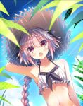  1boy black_bow bow braid fang fate/apocrypha fate/grand_order fate_(series) hair_ribbon hat ikegami_akane male_focus navel pink_hair ribbon rider_of_black single_braid sun_hat swimsuit trap violet_eyes 